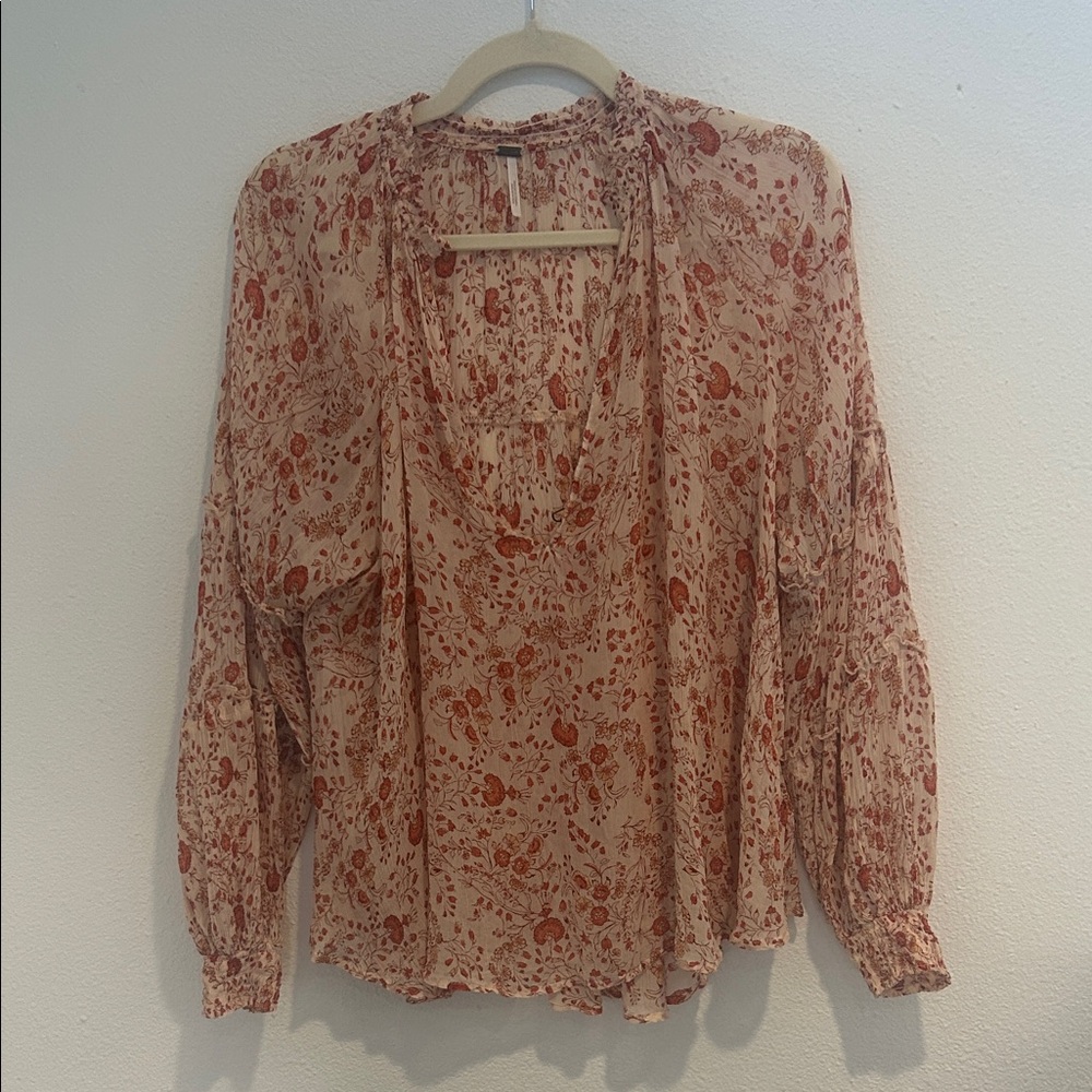 Free People Cream Blouse with Rust Floral Print